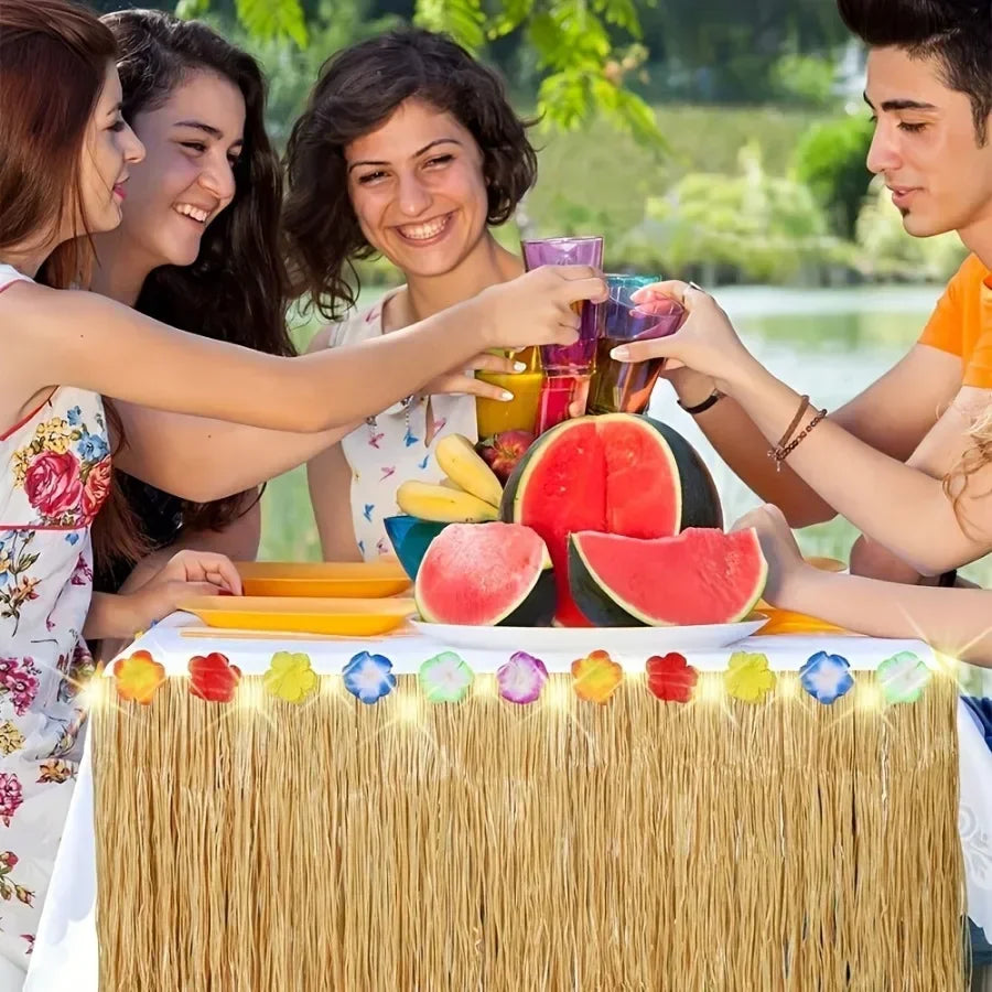 Vibrant Tropical Hawaiian Table Skirt, Easy-Hang & Reusable Decor for Party, Luau & Outdoor Events -  Summer Party Decor