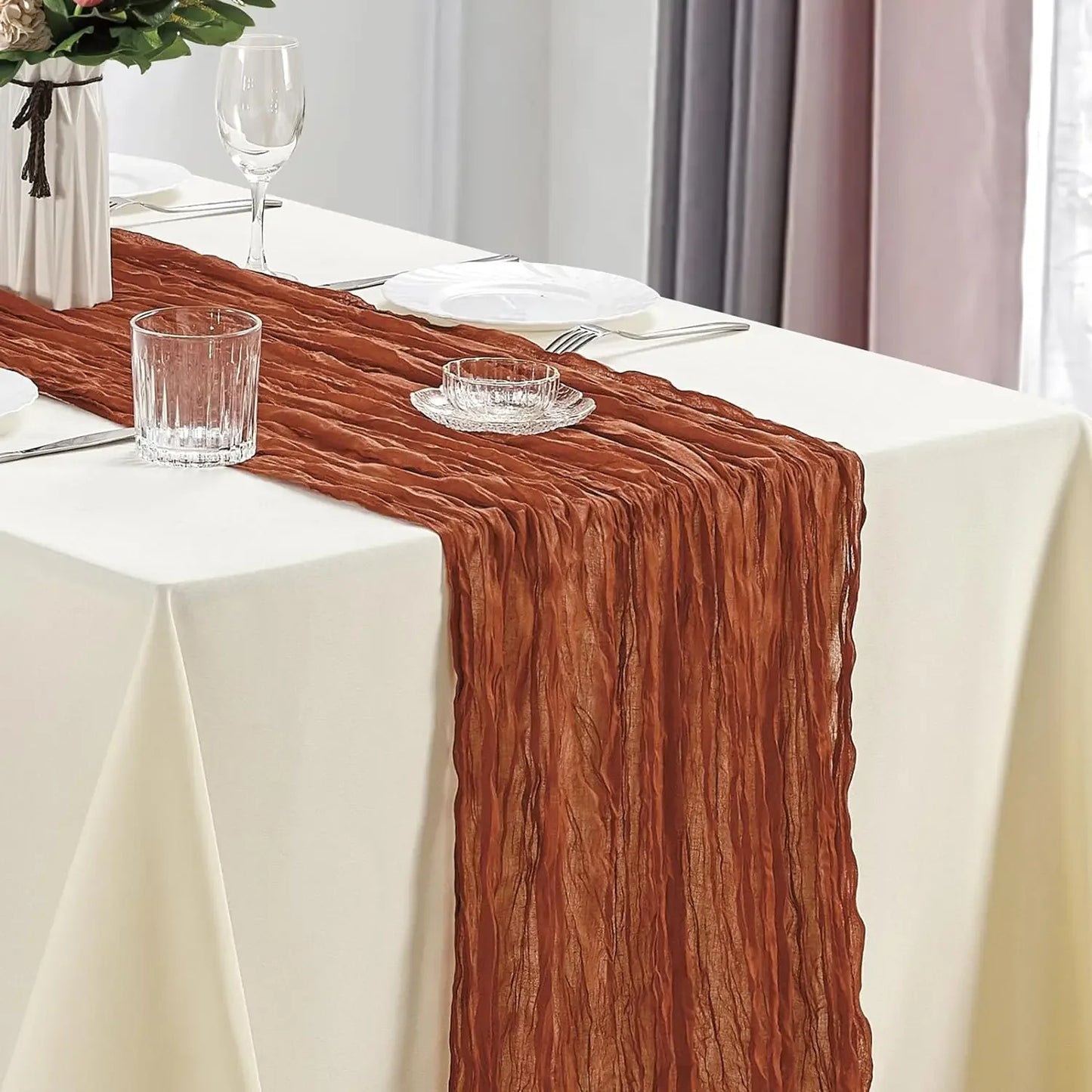 10Pcs CheeseCloth Table Runner, 40x270cm Boho Gauze Fabric Rustic Sheer TableRunner for Wedding Bridal Shower Party Banquet