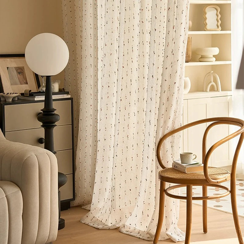 Retro linen-textured sheer curtains with colorful jelly bean pattern, easy to hang, suitable for bedroom and living room