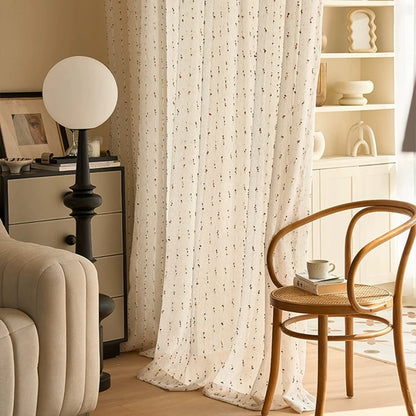 Retro linen-textured sheer curtains with colorful jelly bean pattern, easy to hang, suitable for bedroom and living room