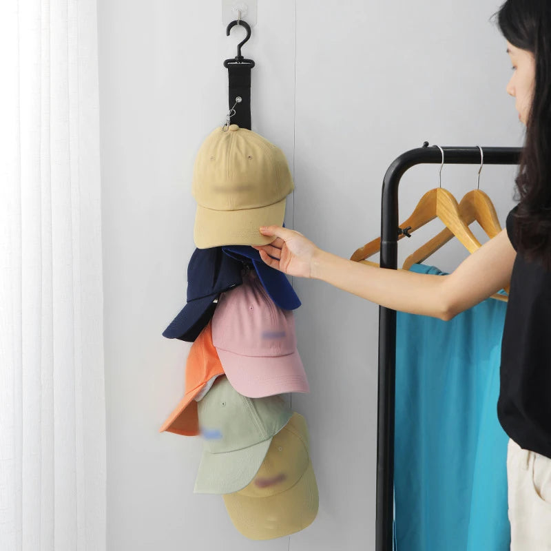 Rotating Hanging Rope Organizer - No Drill Closet Hat Rack for Dorm, Vertical Space Saver with 8 Hooks
