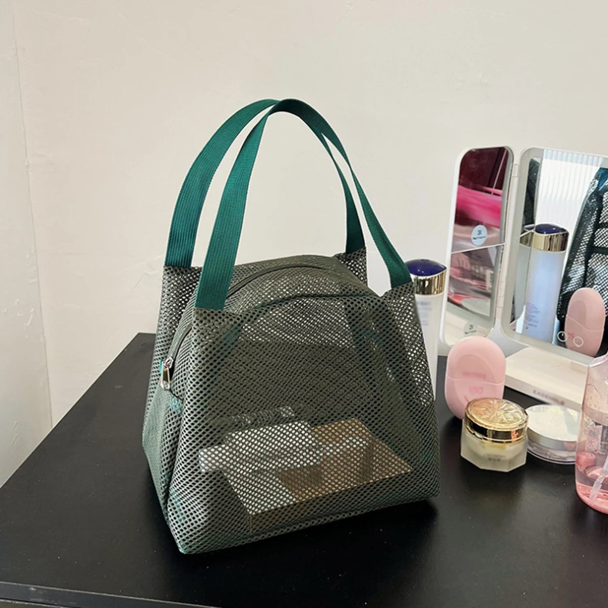 Large Capacity Travel Mesh Bag with Handle Portable Cosmetic Zipper Pouch Makeup Toiletry Beach Bag - New Design