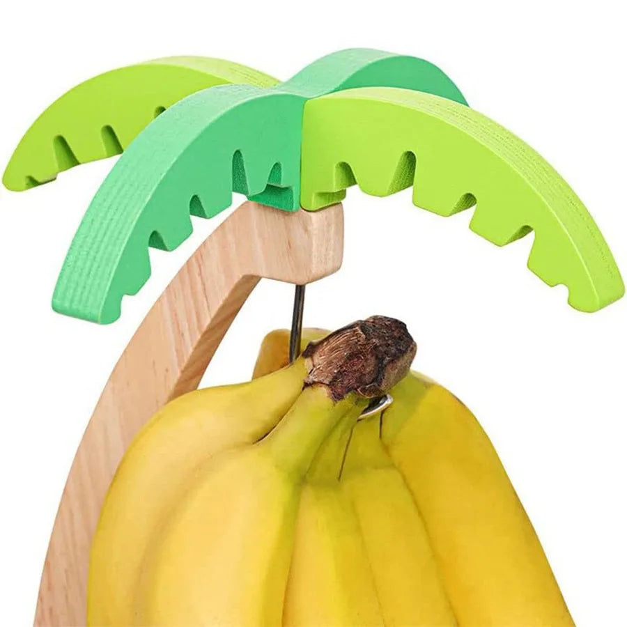 Wooden Banana Rack Hanging Kitchen Rack Simulated Leaf Decorative Fruit Vertical Storage Rack with Hook Kitchen Decoration