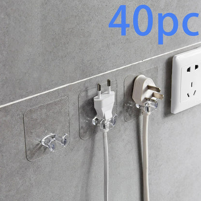 20/40PCS Hook Power Plug Bracket Tidy Hanging Rack PVC Wall Hook Strong Adhesion Seamless Transparent Waterproof Kitchen Bathroo