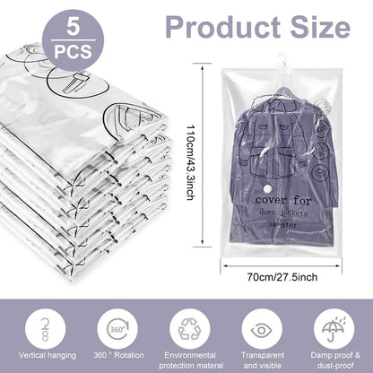 Hanging Vacuum Space Saver Bags Closet Organizer Storage Bags, Vacuum Seal Clear Bags for Clothes, Suits, Dress Or Jacke