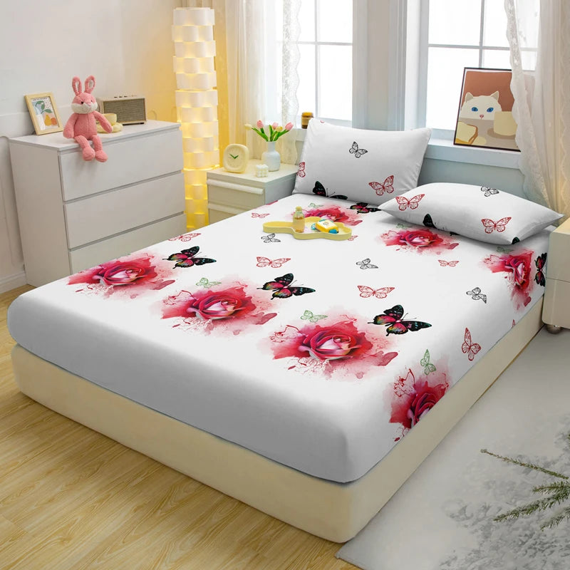 1 Simple Modern Plant Flower Butterfly Printed Matte Fitted Sheet, Bedroom Printed Bed Cover, Bedding (Excluding Pillowcases)