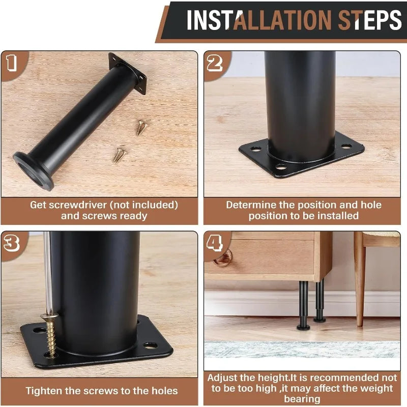 Home 4pcs Adjustable Height Furniture Support Legs, Black Telescopic Table Legs, Used for Tables, Bed Frames, TV Cabinets, Sofas