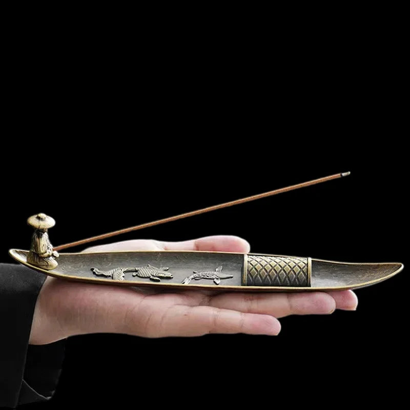 Japanese Style 21cm Zen Fishing Man Incense Burner Metal One Leaf Sandalwood Incense Sticks Holder Alloy Home Decor Ornaments