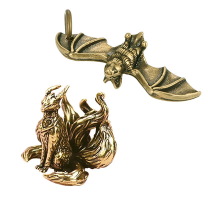 Miniature Antique Brass Lucky Nine Tailed Fox Figurines/Bat Ornament Copper Animal Mini Office Desktop Crafts Home Decor