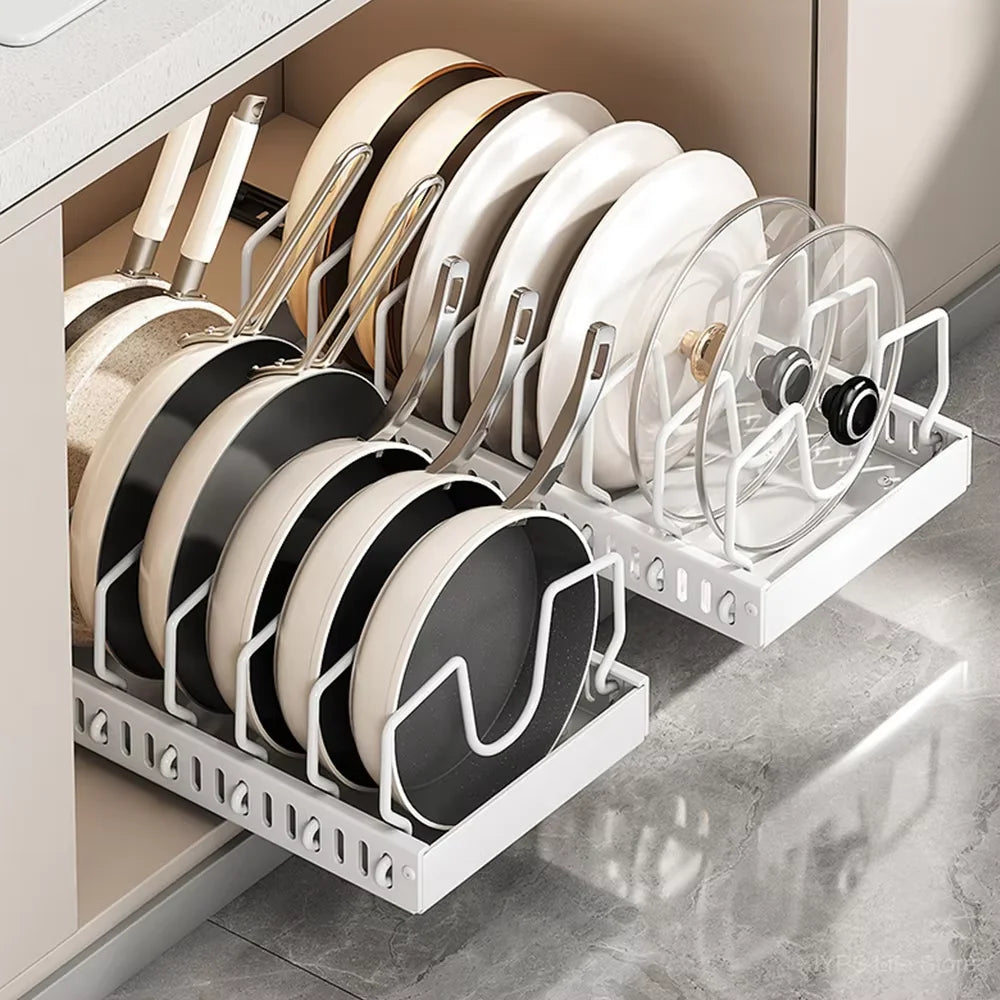 Pull out Pots and Pans Organizer Sliding Pot Lid Holder Kitchen Spice Rack Tableware Organizer Multifunctional Dish Drying Racks