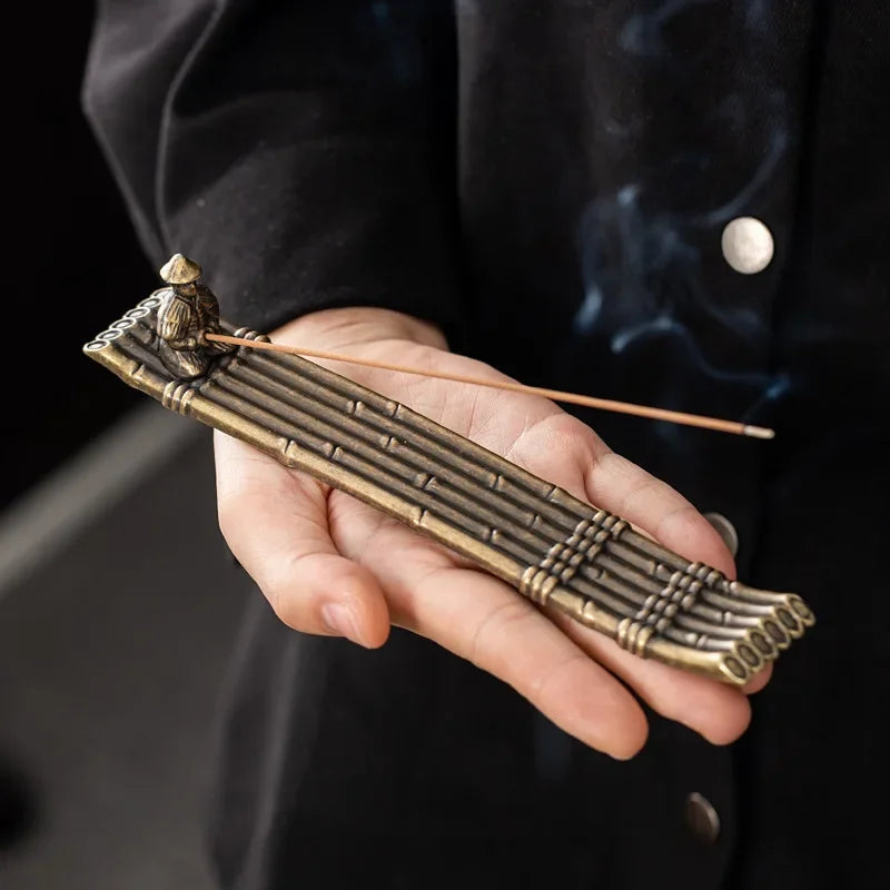 Japanese Style 21cm Zen Fishing Man Incense Burner Metal One Leaf Sandalwood Incense Sticks Holder Alloy Home Decor Ornaments