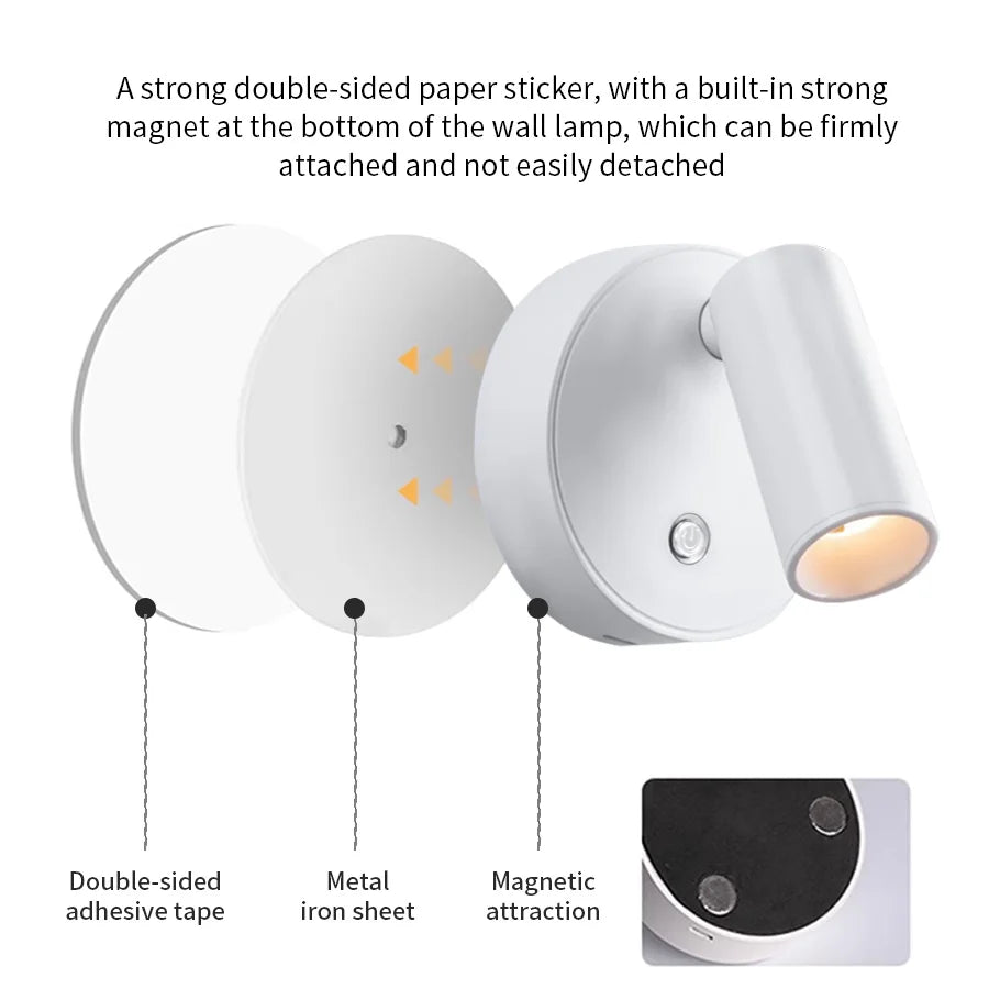 LED light magnetic USB Rechargeable Wall Light Spotlight Wireless No Punch Reading Light With Touch Switch Dimmable Bedside Lamp