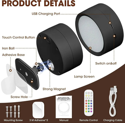 Magnetic LED Wall Light Night Dimmable Magnetic Picture Lights 360° Rotation Touch Remote Control Cabinet Spotlight Night Lamp