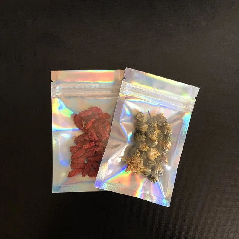 100pcs Holographic Resealable Mylar Bags Ziplock Candy Suger Tee Jewelry Beauty Storage Bag