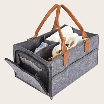 Felt zipper multifunctional storage basket PU handheld strap zipper compartment storage bag