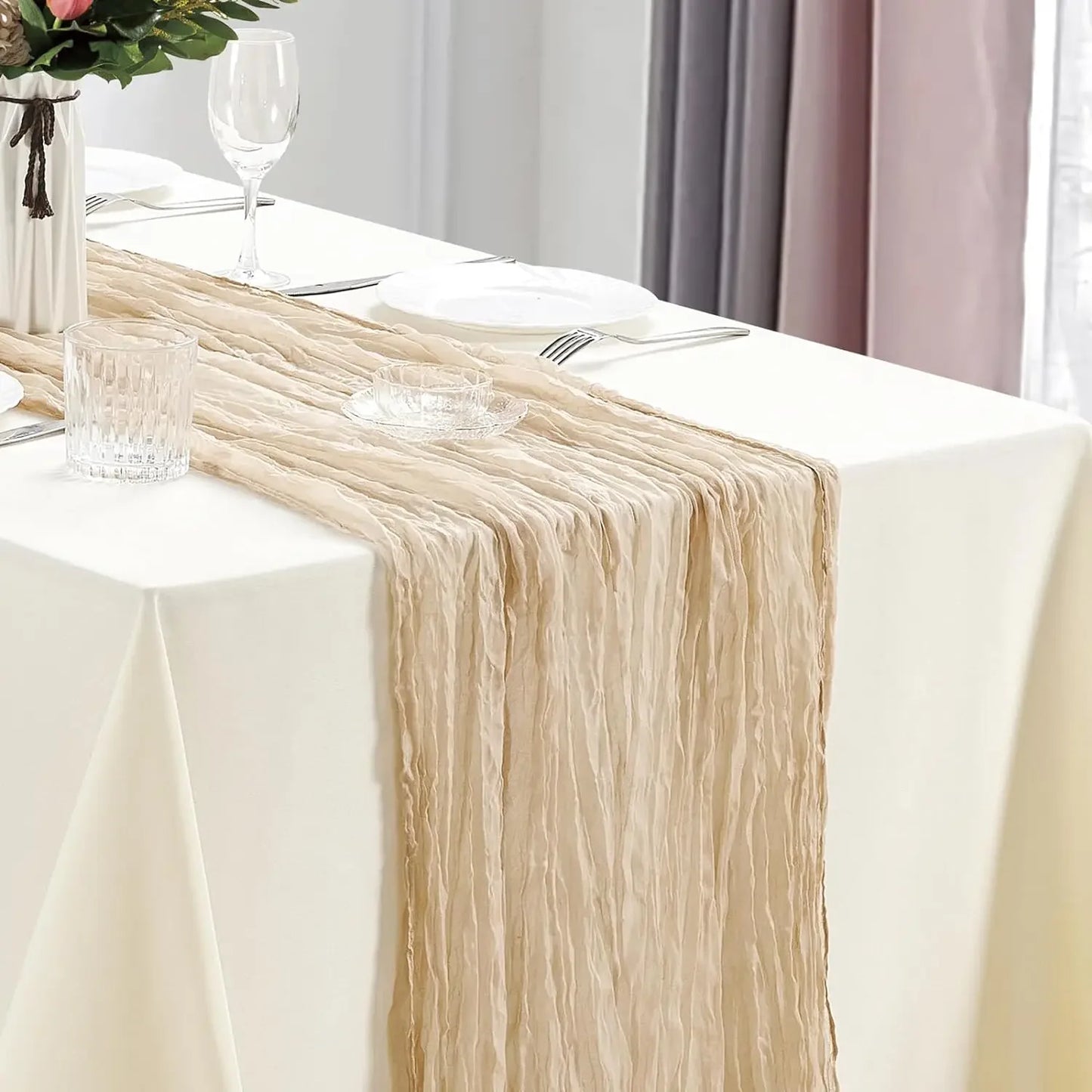 Boho Cheesecloth Table Runner, Semi-Sheer Gauze Fabric Rustic TableRunner for Wedding Bridal Shower Party Banquet