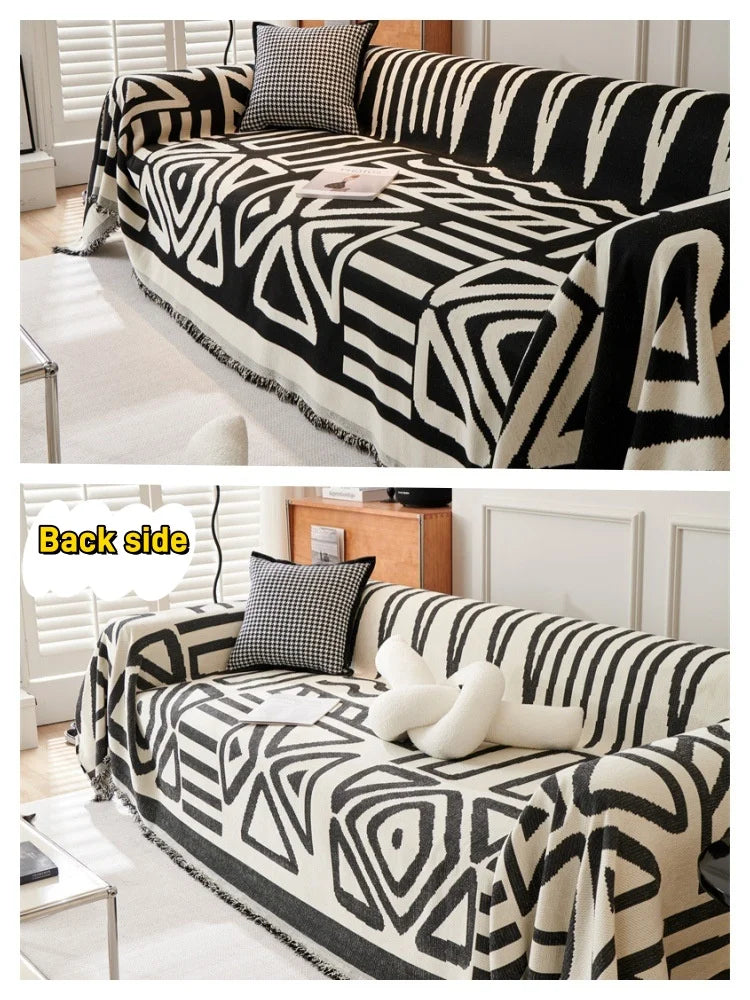 Boho Style Chenille Sofa Towel with Tassels, Double-side, for Living Room Camping Picnic Large Blanket Leisure Relax Beach Towel