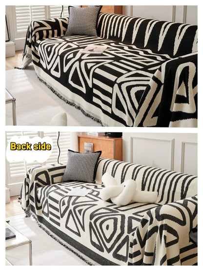 Boho Style Chenille Sofa Towel with Tassels, Double-side, for Living Room Camping Picnic Large Blanket Leisure Relax Beach Towel