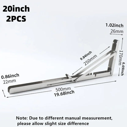 2PCS Heavy Duty Triangle Folding Angle Shelf Bracket Stainless Steel Collapsible Shelf Bracket for Table Work Bench Wall Mounted