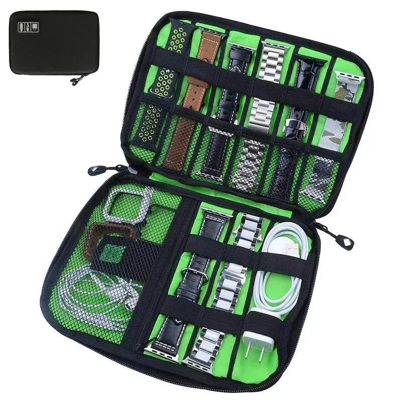 1pc Black Green Storage Bag Electronic Accessory Organizer Portable Usb Data Cable Charger Plug Travel Waterproof Organizer