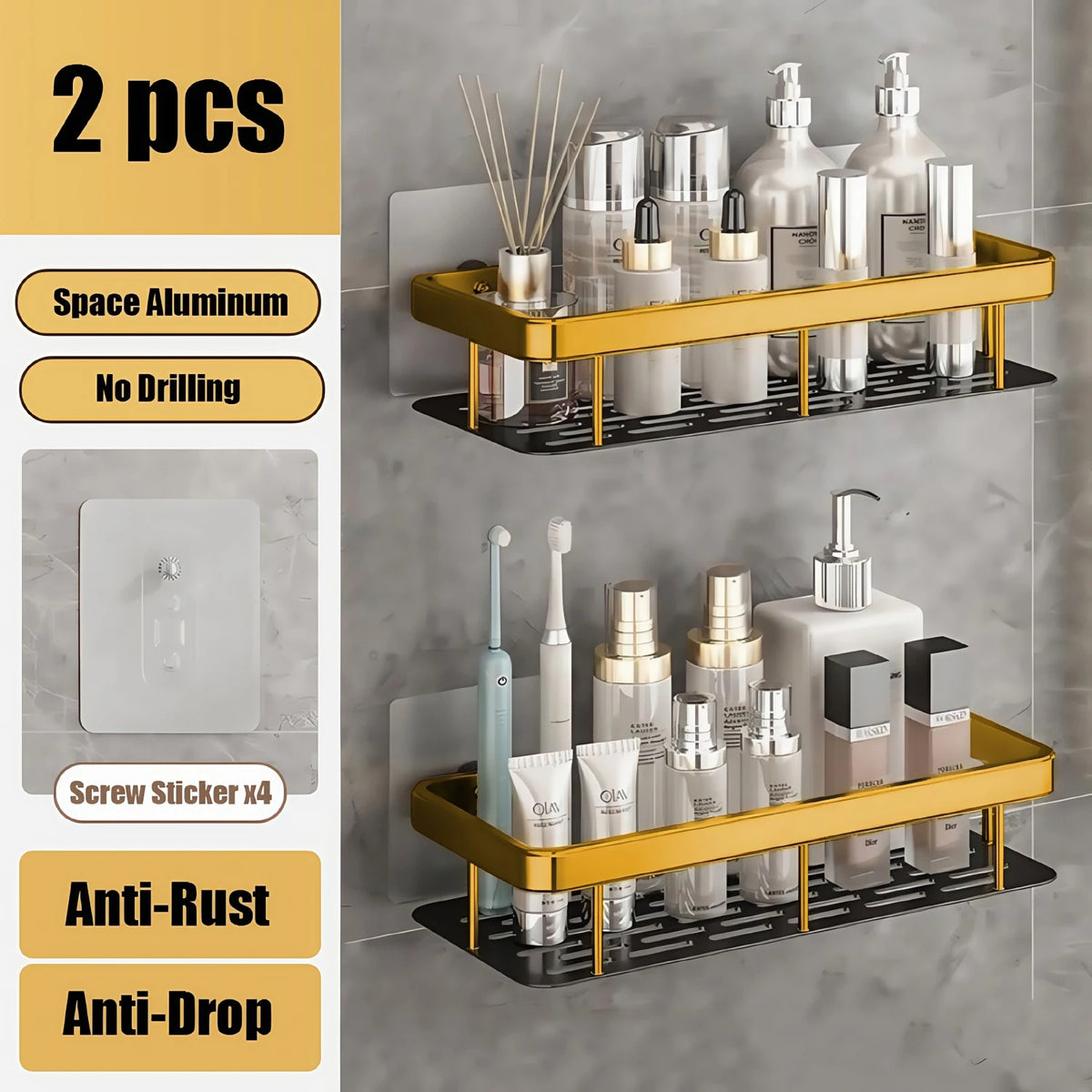 Bathroom Shelf Makeup Storage Organizer Aluminum Alloy Shampoo Rack Shower Shelf Bathroom Accessories No Drill Wall Shelf