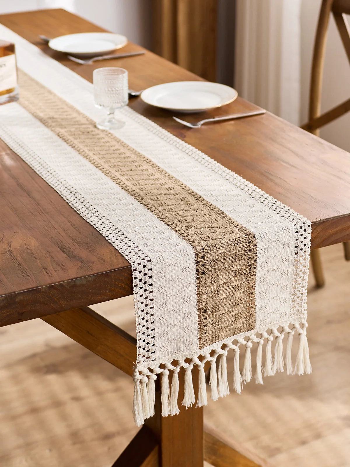 Boho Table Runner for Home Decor Macrame Cream & Brown Farmhouse Table Runner with Tassels for Bohemian Dining Bedroom Decor
