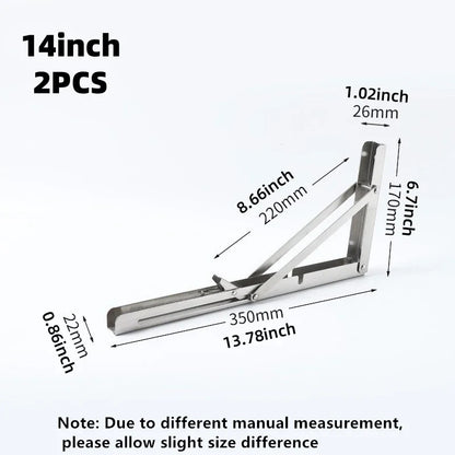 2PCS Heavy Duty Triangle Folding Angle Shelf Bracket Stainless Steel Collapsible Shelf Bracket for Table Work Bench Wall Mounted
