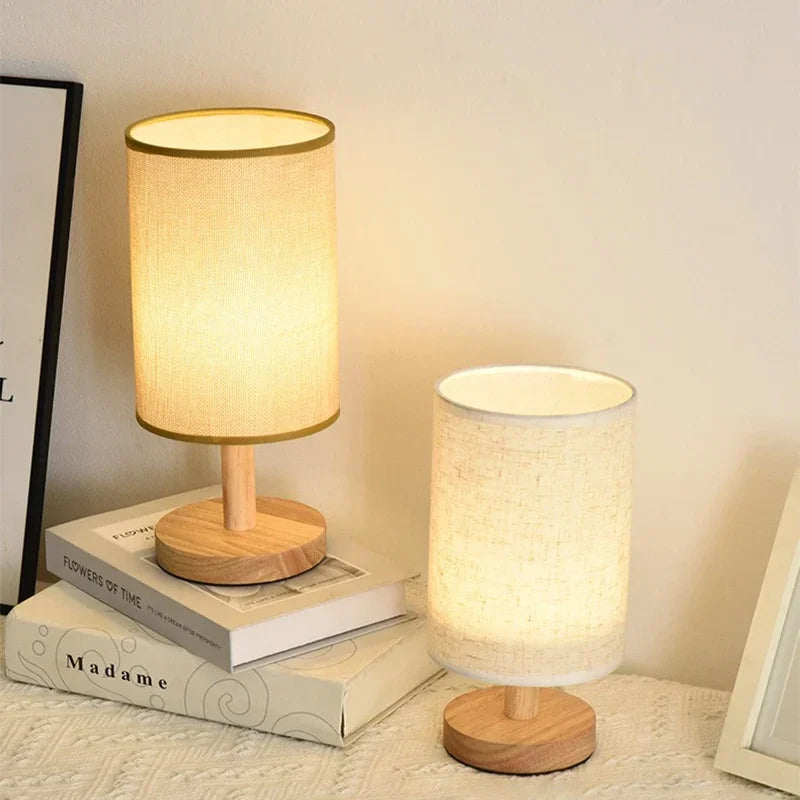 USB plug Lamp Night Lights Table Lamp For Bedroom Wooden Desk Lamp Bedside Night Light with Cylinder Lamp Shade Home Decor