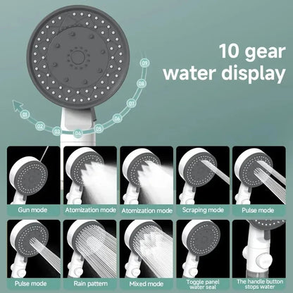 10-Settings Handheld Showerhead with Adjustable High-Pressure Filter, Portable One-Click Stop Shower Accessory