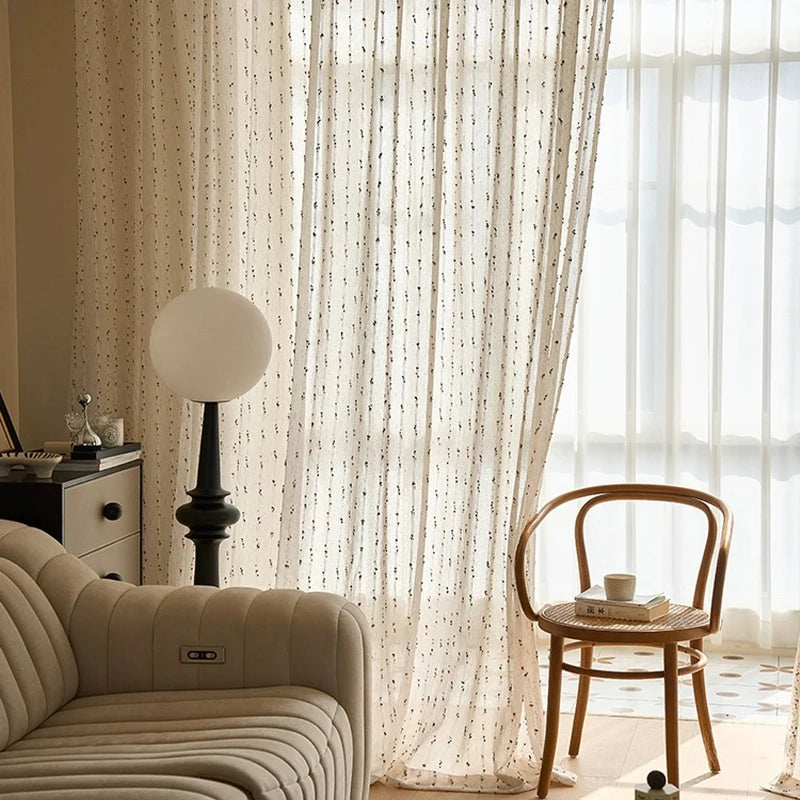 Retro linen-textured sheer curtains with colorful jelly bean pattern, easy to hang, suitable for bedroom and living room