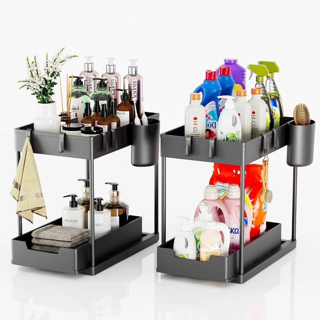 Under Sink Organizers 2 Tier Under Bathroom Cabinet Holder with Hooks & Hanging Cup, Multi-Purpose Storage Shelf for  Kitchen