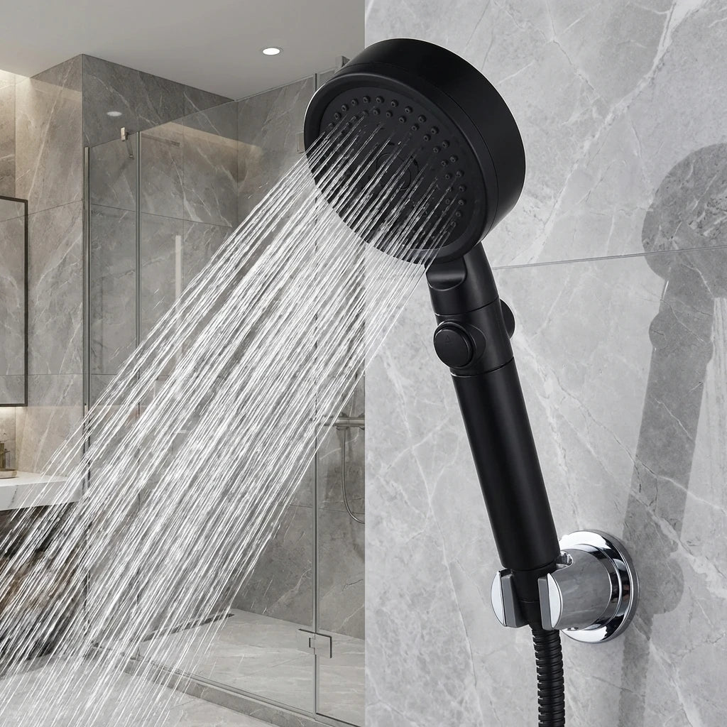 Adjustable High Pressure Shower Head with 5 Modes Water Saving One-Key Stop Spray Nozzle - Bathroom Shower Accessories with Hose