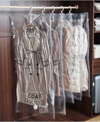 Hangable Transparent Vacuum Storage Bags Compressed Wardrobe Storage Organizer Bag For Clothing Coat Down Jackets Dust Cover