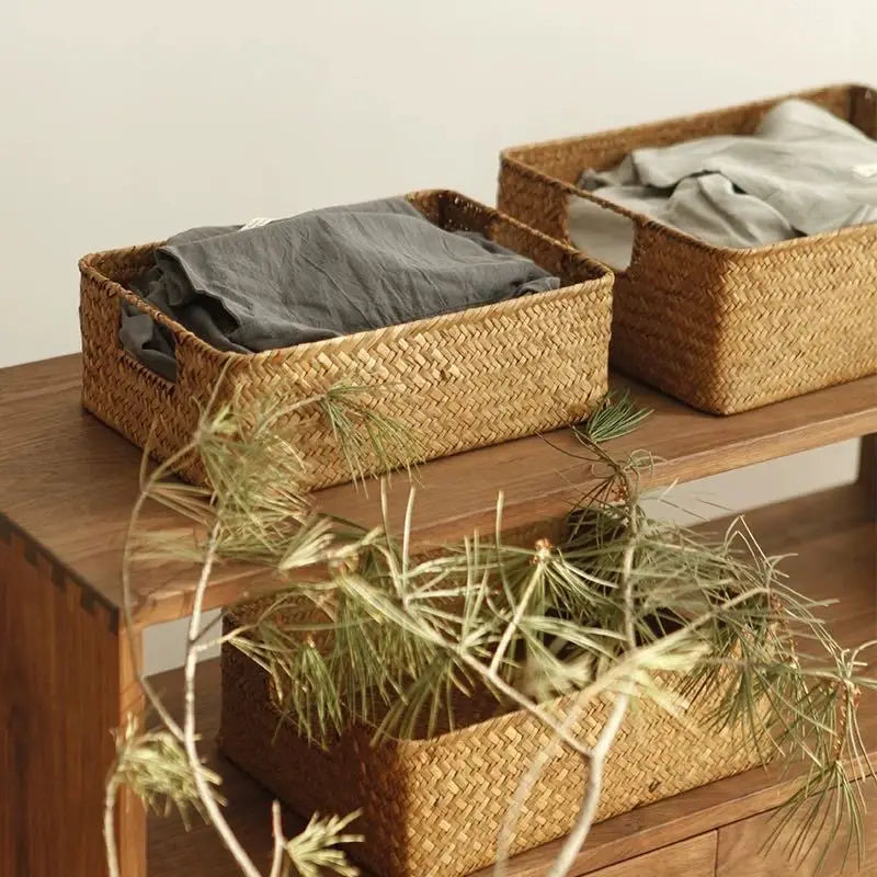 Woven Seagrass Basket for Home Decor, Natural Wicker Basket, Storage Basket, Fruit Bread Towel, Kitchen Table, Rattan