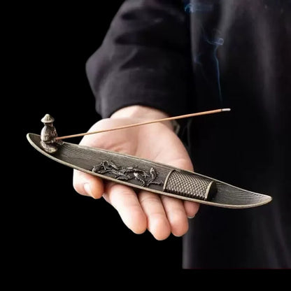 Japanese Style 21cm Zen Fishing Man Incense Burner Metal One Leaf Sandalwood Incense Sticks Holder Alloy Home Decor Ornaments