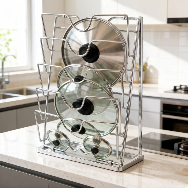 Wall Mounted Pot Lid Rack Multi-Functional Kitchen Storage Holder Perforated 5 Layers for Household Use