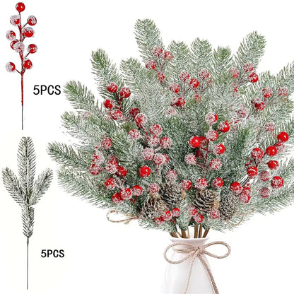 Snow White Artificial Pine Needle Berry Bouquet Christmas Decoration for Xmas Tree Garland Ornament Home Decor New Year DIY Gift