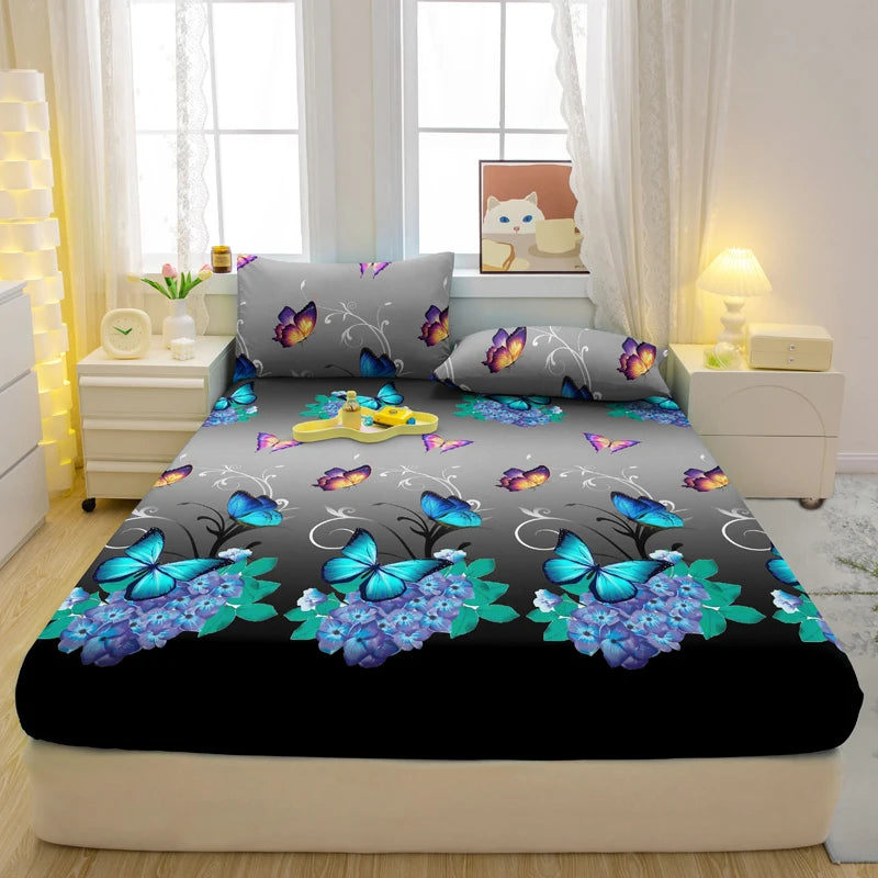 1 Simple Modern Plant Flower Butterfly Printed Matte Fitted Sheet, Bedroom Printed Bed Cover, Bedding (Excluding Pillowcases)