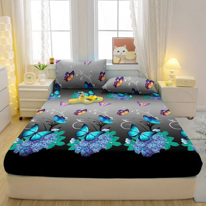 1 Simple Modern Plant Flower Butterfly Printed Matte Fitted Sheet, Bedroom Printed Bed Cover, Bedding (Excluding Pillowcases)