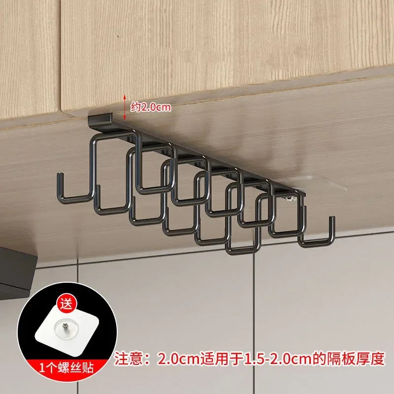 Punch-free Double-row Hooks Kitchen Cupboard Under Shelf Mug Cup Hanger Hook Iron Hanging Rack Holder Kitchen Cabinet Organizer
