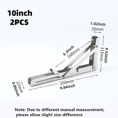 2PCS Heavy Duty Stainless Steel Triangle Folding Shelf Brackets – Wall Mounted Collapsible Angle Bracket for Table, Workbench
