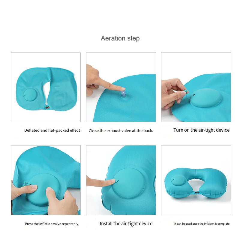 Portable Push-Inflatable U-Shaped Neck Pillow: Outdoor Travel Neck Support Pillow With 360° Free Rotation Contours To Neck Curve