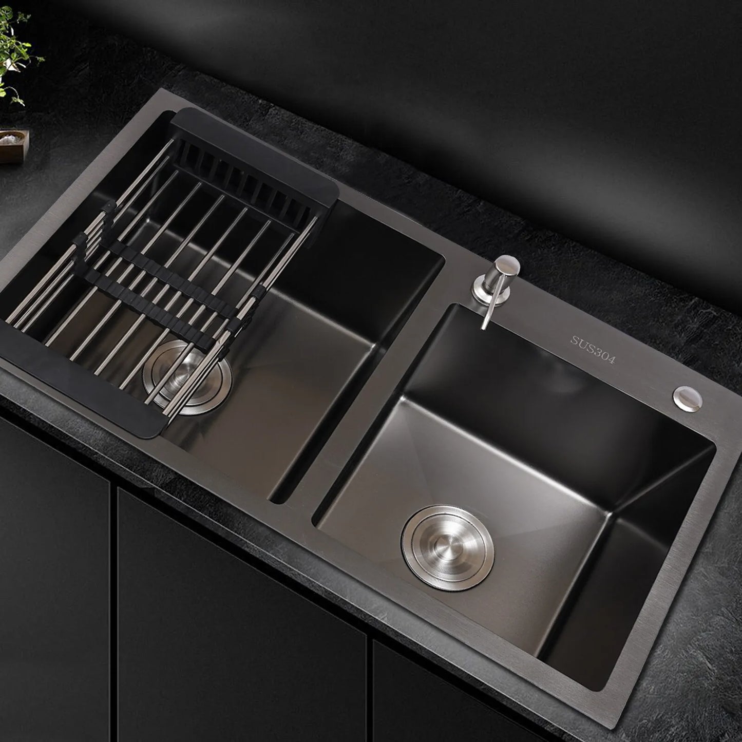 Stainless Steel Kitchen Sink Double Bowl Inset Basket W/Drainer + Soap Dispenser