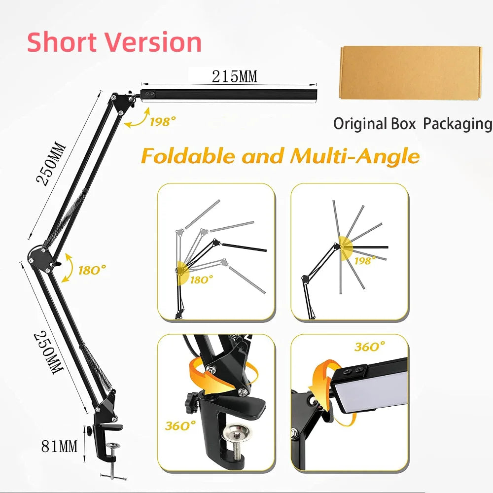 10W LED Desk Lamp with Clamp Swing Arm Eye-Caring Dimmable Desk Light 10 Brightness Levels 3 Modes USB Charging
