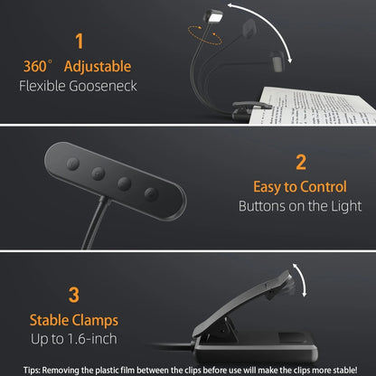1 pcs USB Rechargeable Book Light 3 Color Adjustable LED Reading Lamp with Clamp Eye-Care Night Light for Bed, Study Desk
