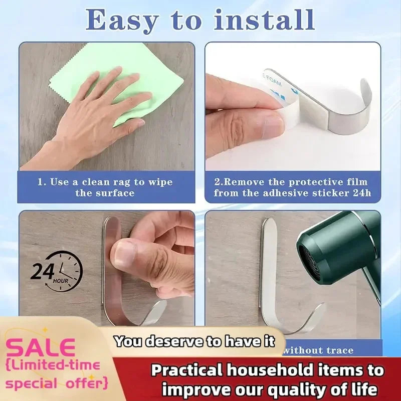 4Pcs Wall Hook Kitchen Adhesive Hooks Metal Stainless Steel Wall Hooks Utility J Hook Key Holder Self Adhesive for Shower