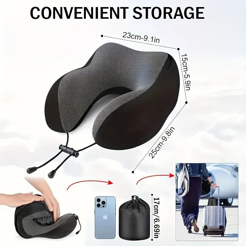 Memory Foam Hooded U-Shaped Travel Pillow with Detachable Cover Portable Neck Support for Airplane Office Nap Car and Home Use