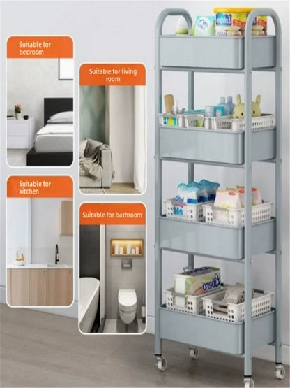Trolley with Handlebar and Storage Rack, Floor-Standing, Multi-Layer Storage for Kitchen, Bathroom, Snacks, and Toiletries