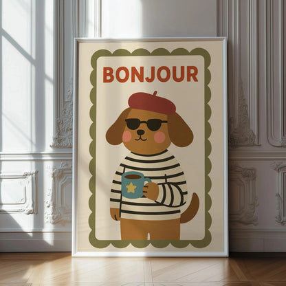 Retro Bonjour Dog Coffee Canvas Print Funny Dog Coffee Club Kitchen Wall Art Poster for Modern Living Room Bedroom Home Decor