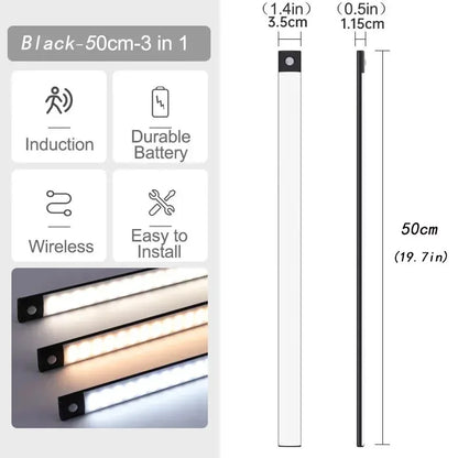 10-60cm Ultra-Thin Motion Sensor Light Magnetic Mount USB Rechargeable 3-Color Adjustment Under Cabinet Light for Home Office